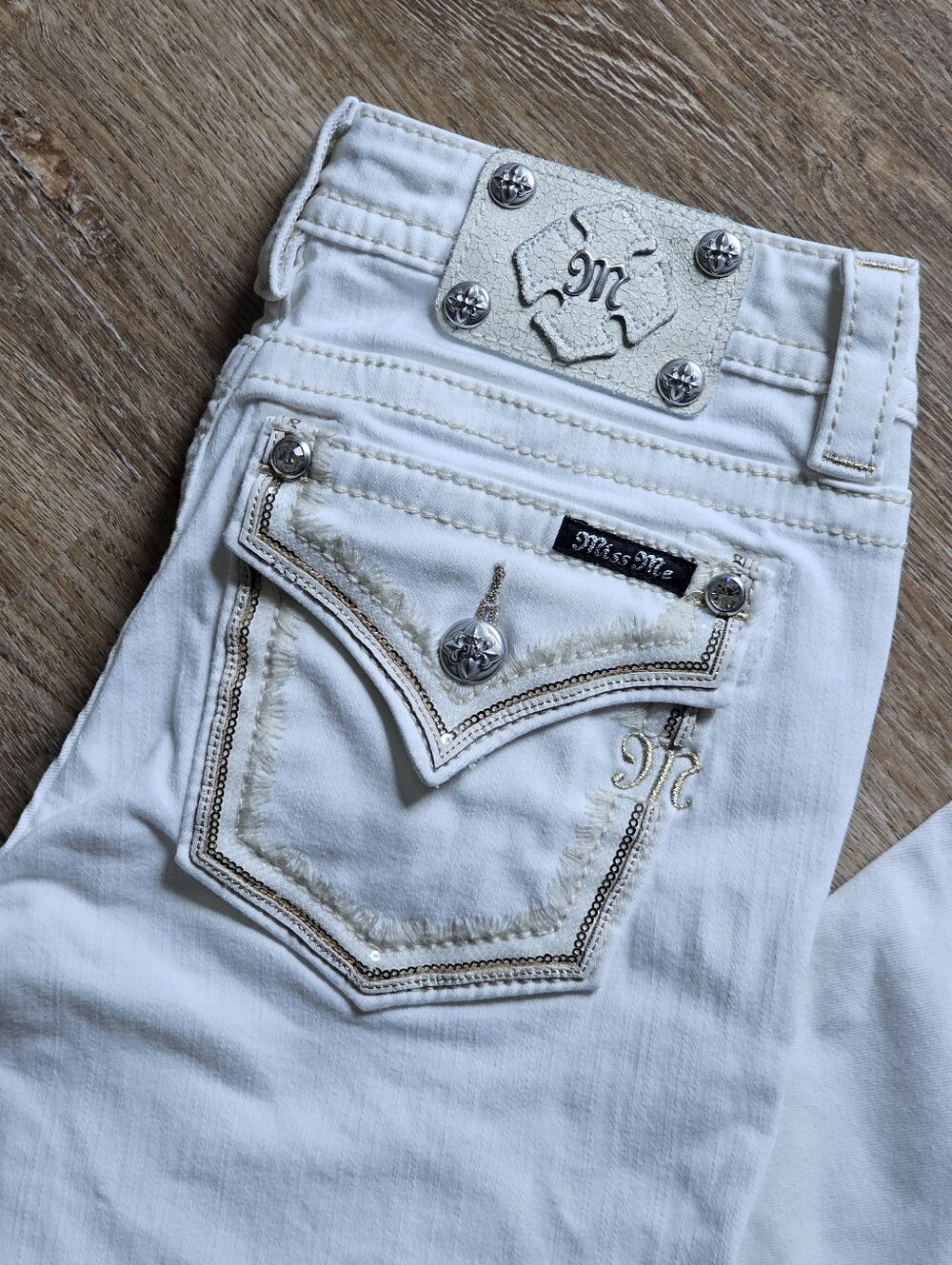 Miss Me Signature Skinny White Jeans Women's 28 Mid Rise Stretch Flap Pocket